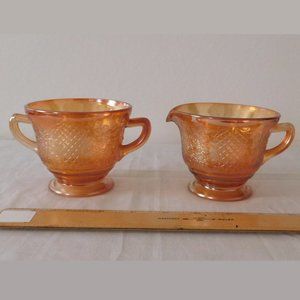 Federal Glass Normandie Bouquet Lattice Sunburst Iridescent, Creamer Sugar Set